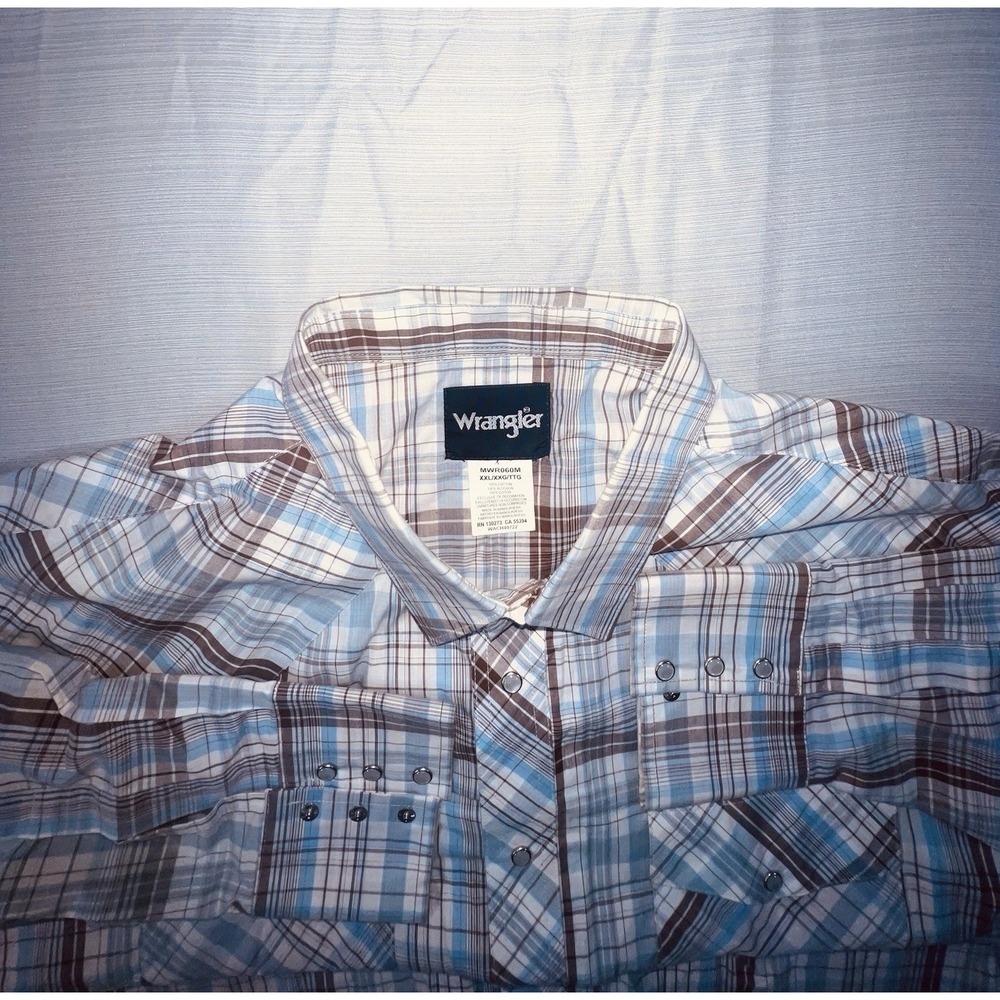 Wrangler Wrancher Shirt Mens 2X Blue Plaid Pearl Snap Chest Pockets Western‎ - Picture 4 of 9